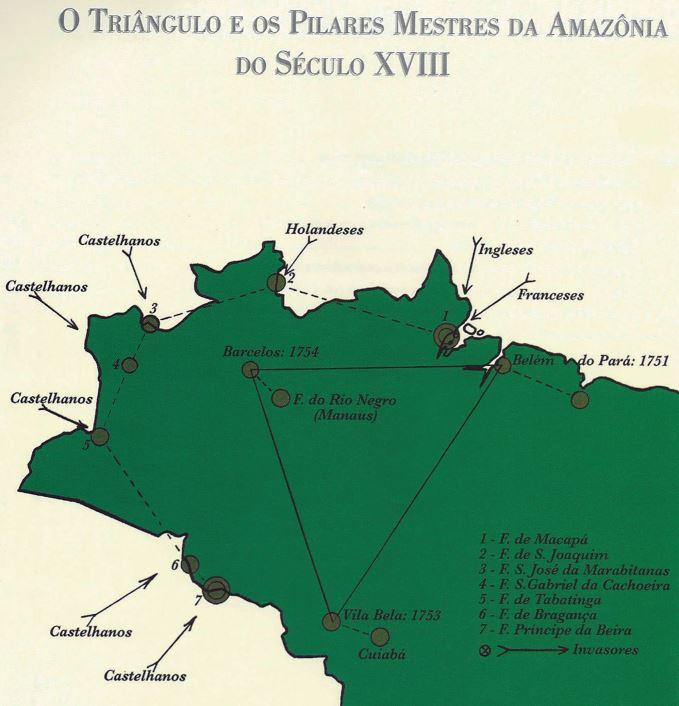Figura 1 - Triângulo e os Pilares Mestres da Amazônia no Século XVIII. Fonte: FERREIRA, Viagem Filosófica, 2007.